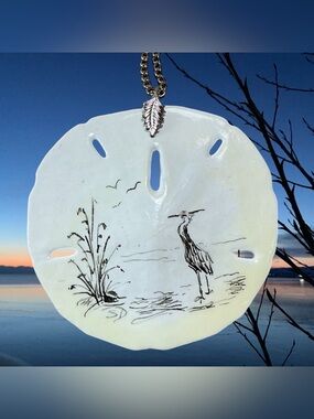 Artist Signed Hand Ink Etching Real Sand Dollar 24” Necklace Heron Crane Seabird